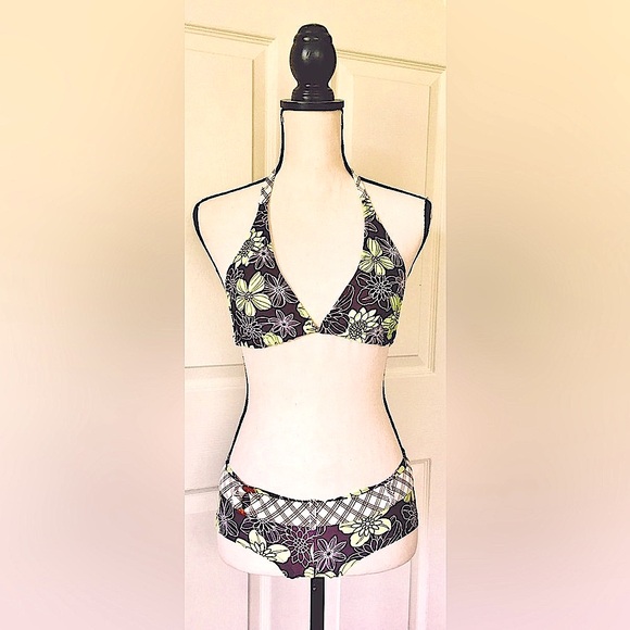 Other - Green Floral & Brown Reversible Swimsuit Bikini: Plaid Pattern, Cheeky Bottoms